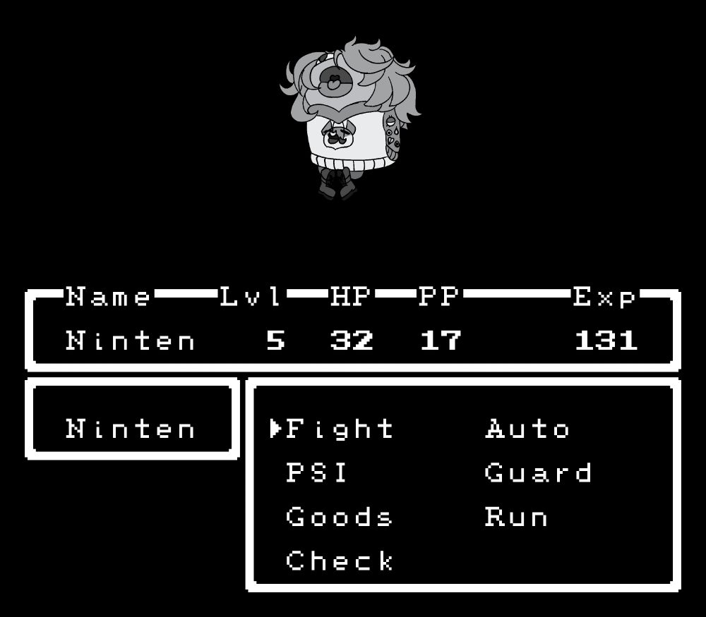 Mother Battle screen, but Muppet Mono is the opponent. The text boxes read "Name: Ninten, Lvl: 5, HP: 32, PP: 17, Exp: 131", "Ninten", and "Fight, Auto, PSI, Guard, Goods, Run, Check", with the cursor over "Fight"