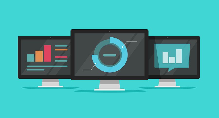 Flat cartoon monitors on a teal background with charts, diagrams and graphs
