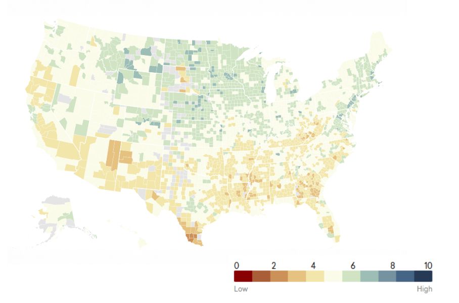 A map of the United States showing the CORE Score for each county, colored on a scale from 0 to 10, with 0 being red and 10 being blue.
