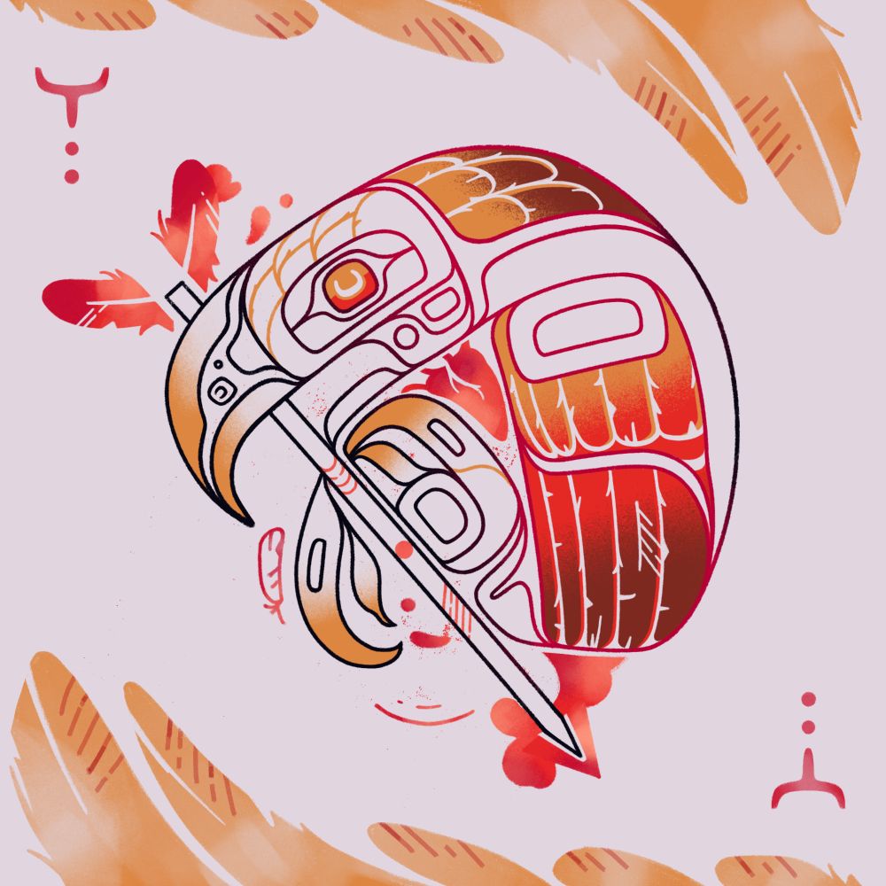 a formline design of an eagle grasping an arrow in its beak. the formline is drawn in black outlines, left mostly unfilled; its neck and its wing feathers are coloured in a gradient of gold, red, and brown. splotches of red colour pool around the head of the arrow and the fletching feathers. more colour in the shape of an anatomical heart is visible in the negative space of the eagle design.