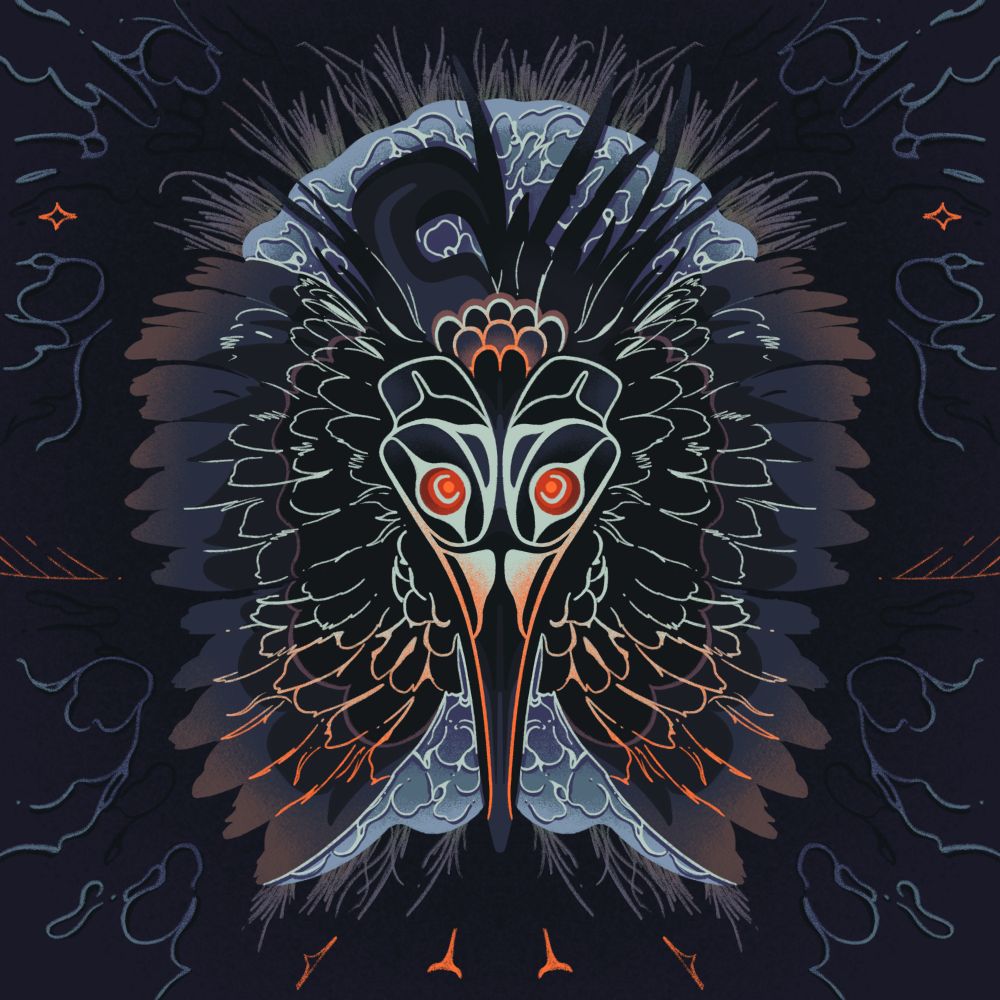 a formline design of a black heron. the heron is viewed from above while performing its famous hunting behaviour - encircling itself with stretched wings to create a shadow on water. the heron is surrounded by a backdrop of water and grass details.