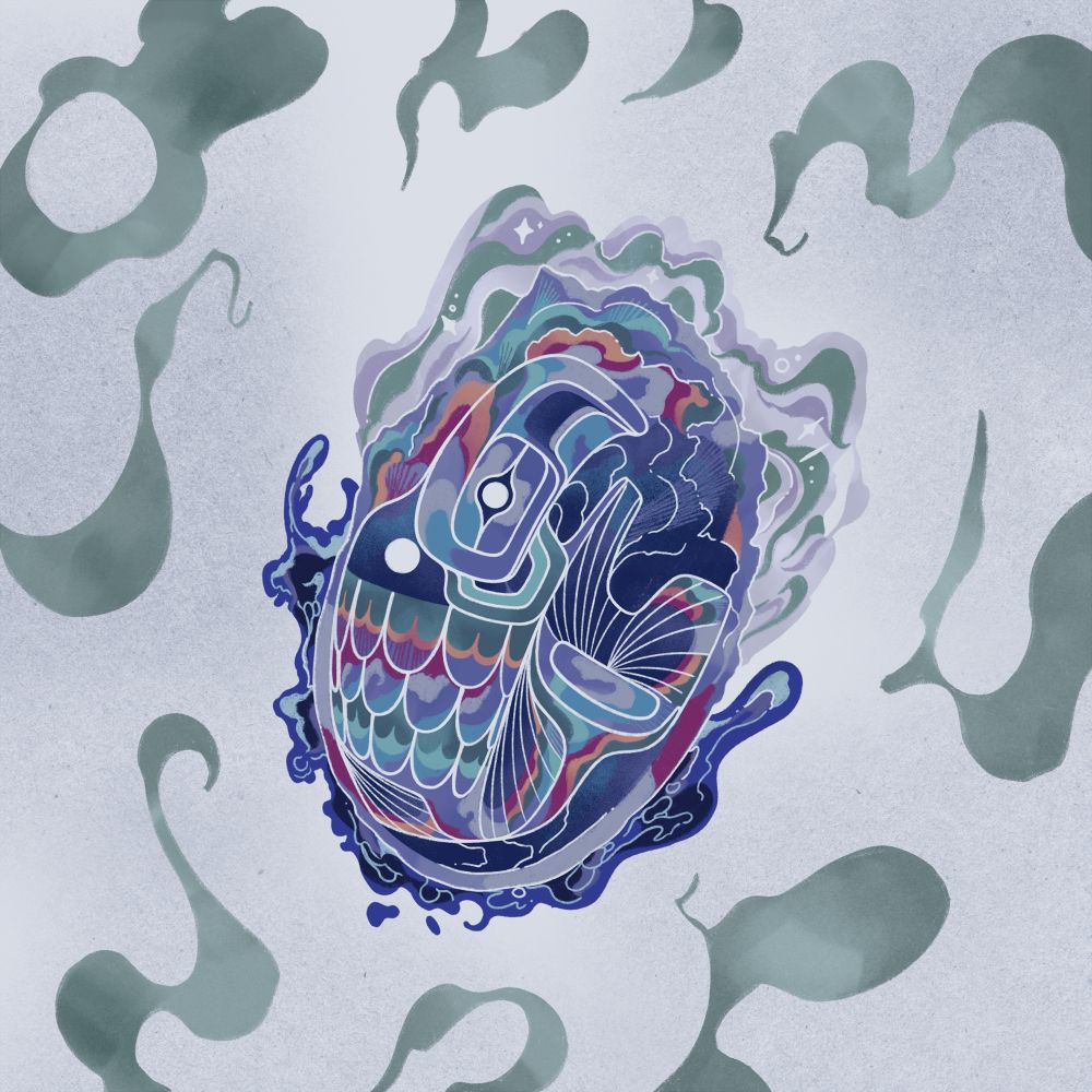 a formline design of a trout encased in an abalone shell, with the sea below and sparkling sand above. the trout and abalone are rendered in an iridescent rainbow. surrounding the design is a border of green swirls and puffs, mimicking the colour scheme of the sand.