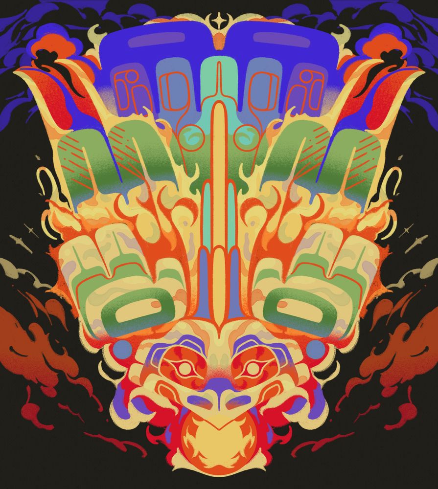 a symmetrical formline design of raven, facing down and forward. the design is rendered with a full rainbow of colours, depicting raven flying with the sun in his mouth as it engulfs him in flames.