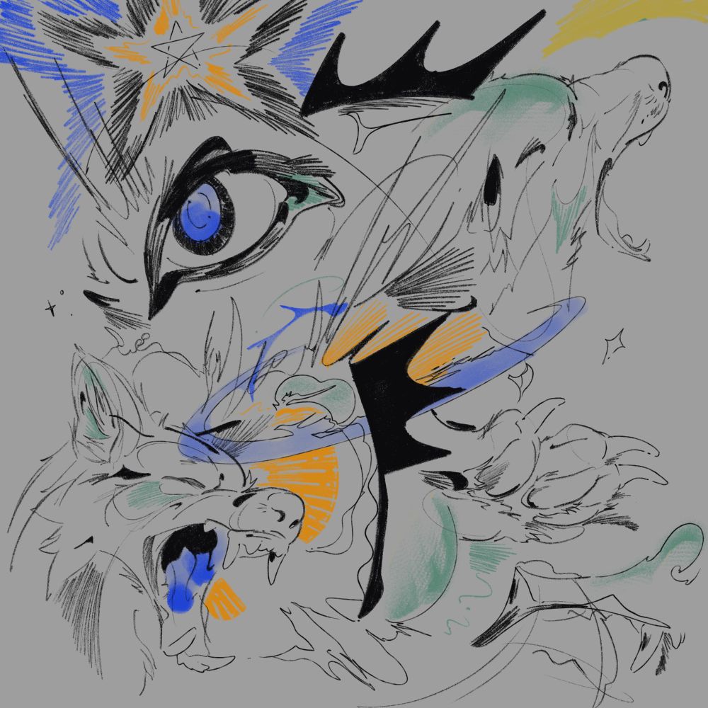a sketchpage consisting of a couple wolf faces, an outstretched paw, and an eye, all unattached from each other. filling the rest of the page are abstract shapes and hatching.