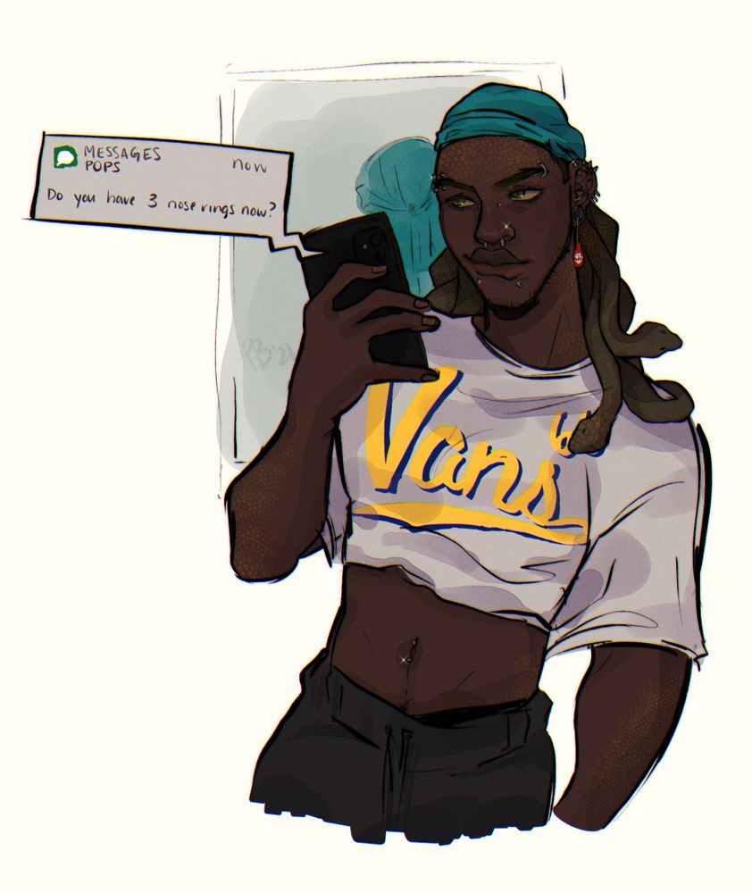 drawing of my male gorgon oc. he has multiple facial piercings. his snake hair is drawn to look like locs, covered in a durag. he’s posing in a mirror taking a selfie, while receiving a text from his father asking “do you have 3 nose rings now?”