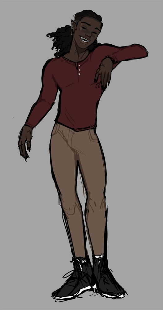 drawing of my oc, ransom, smiling. he has thick natural hair pulled back into a ponytail, pointed ears, sharp nails, piercings, and fangs, drawn to be shown as being very tall and slender. 