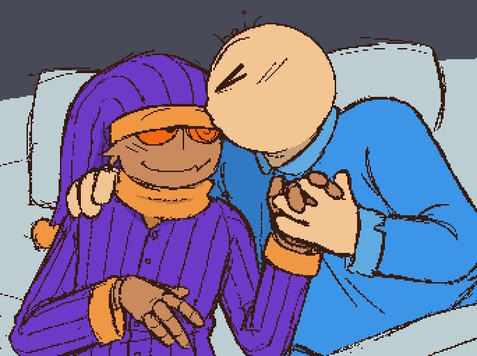 jackster and tango in bed with pajamas on, tango is kissing jackster on the forehead