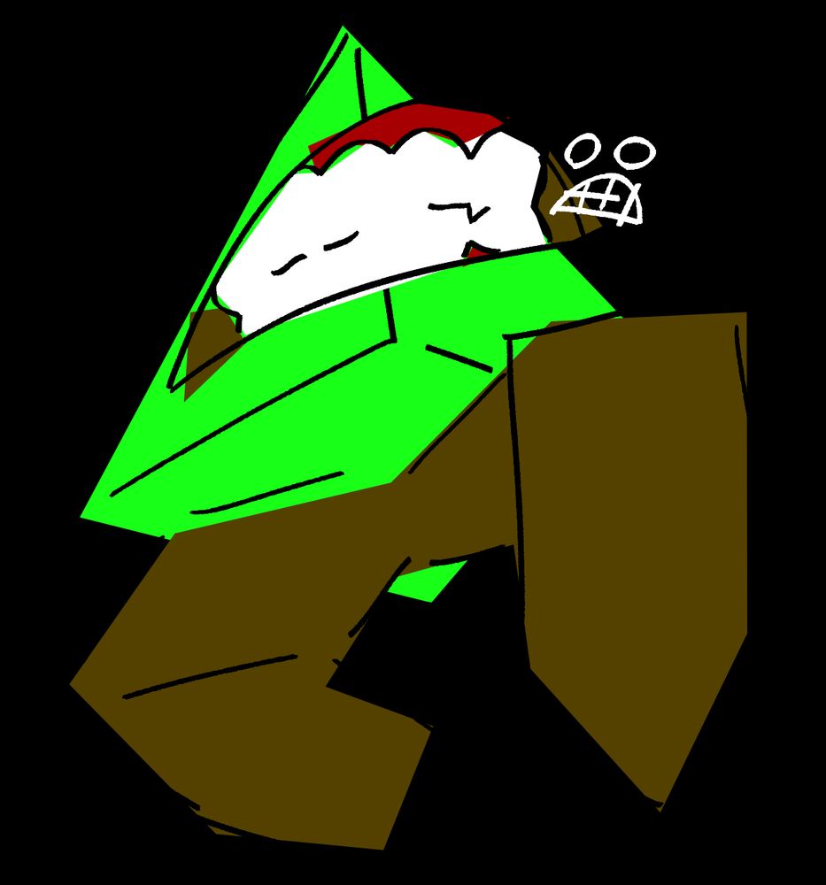 a drawing of unstable ohungi. she has clenched teeth and inner ohungi's face is drawn half outside her mouth. the drawing is colored messily with a polygonal lasso tool.