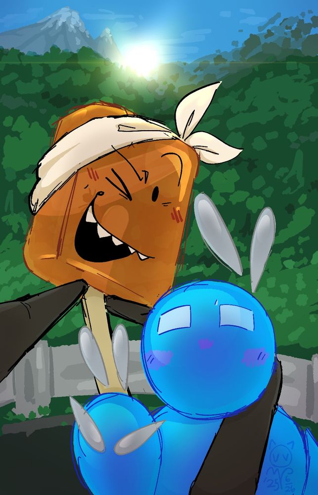 carlisle and ANTLIX taking a selfie in front of forested mountains. Carlisle is giving a piece sign to the camera.