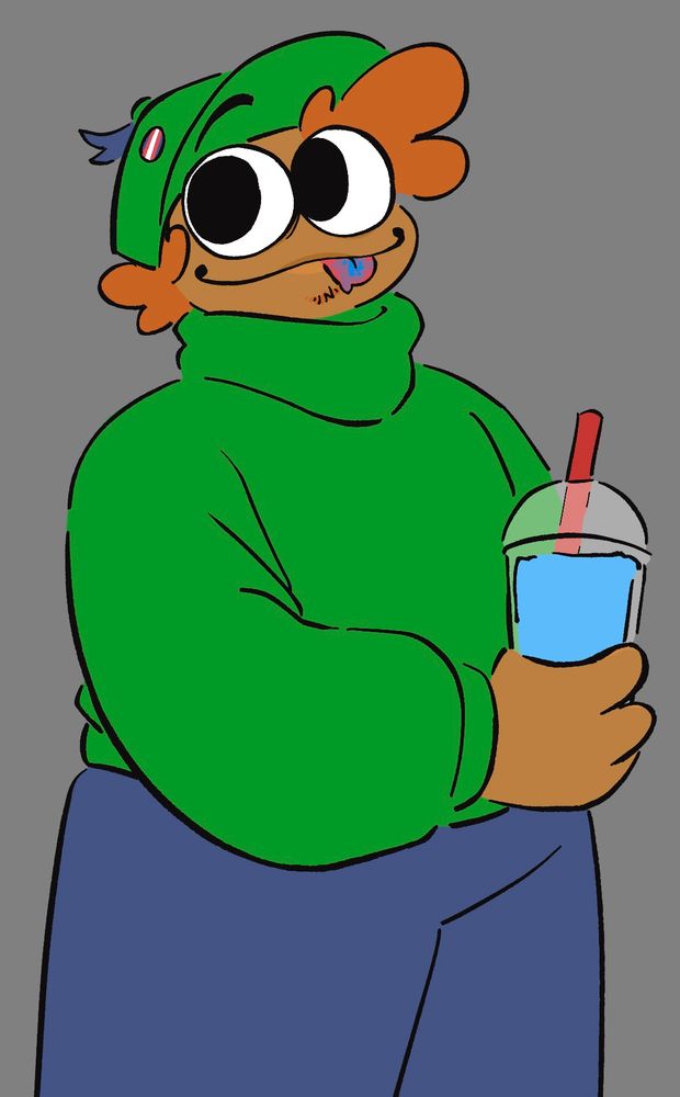 bandu smiles at the camera and sticks out his tongue. he is holding a blue slushie and his tongue is blue, too.