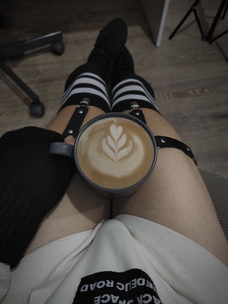 Femboy, twink, cute, thighs, coffee, latte art