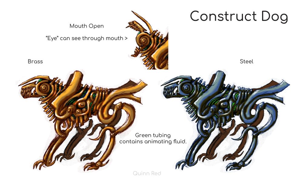 Two side profile views of a mechanical dog that appears skeletal and with limbs and jaws made like swivels.

The right dog is steel, the left one is brass. Green tubing runs through their hollow insides, connecting to a spherical "eye" inside the hollow head.  
A center image displays that the jaws can open as wide as a prepared bear trap. 