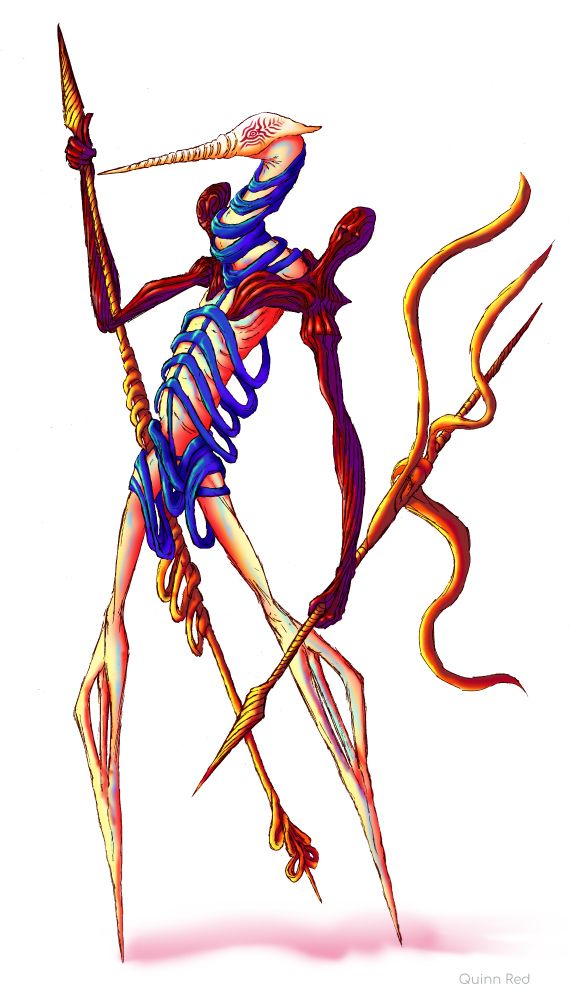 A sea-shell headed god thing with pale skin and a long bending neck. He wears blue ribbons which surround him like loose ribs. 
His arms are artificial and bright red, clutching golden spears.