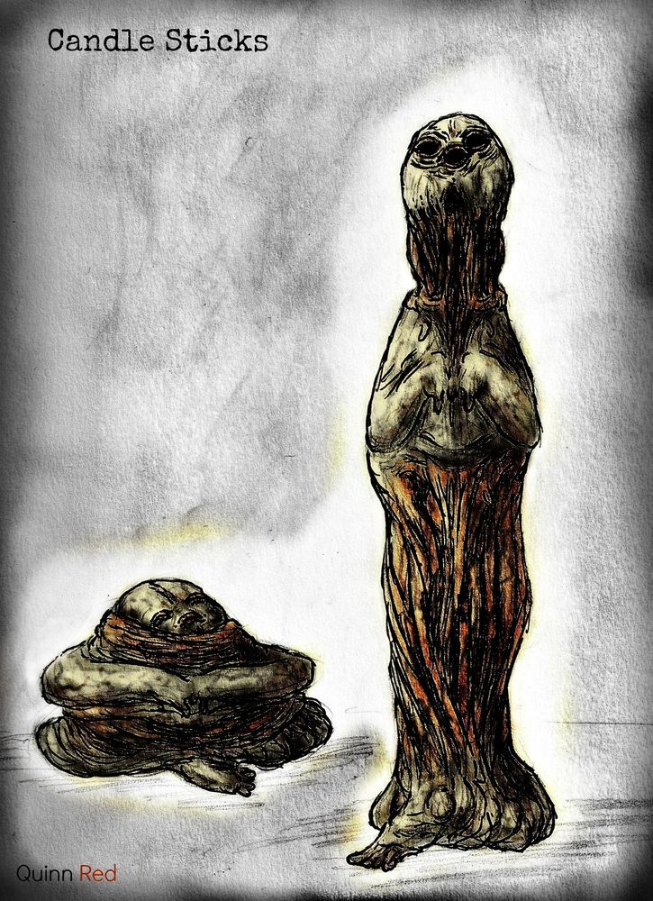 "Sometimes the mud here gurgles. Something bulges from it, then many things, appearing almost like sleeping infantile faces. A trio of hollow pores face those that disturb them, as this pale bloated orb rises by sinew support. Almost like an inflating balloon, the whole body rises in boneless meaty mass, and silently vibrates. The pores sing aloud, a song that sounds as if these orifices were not designed for it.
These are the Candlesticks, useless and futile creatures, only able to sprout like grass and respond to all stimulation in fear. They are harmless, but best avoided, as their wails can gather fellow abominations. You can kill them, but they'll just grow back, or branch into more dreaded sprouts, better to ignore them.
You know, sometimes you'll see something in those pores. Something like little pearls and tongues, staring out, yearning for something."