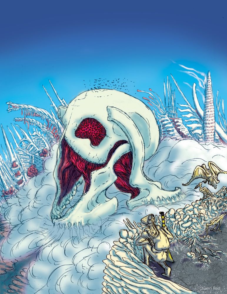 "I follow the great tracks of molars that scar the earth as the steps of it’s maker boom throughout the Pale City. The fungal suit I’ve bonded with tracks the unique lunar spores with it’s porous snout, guiding me like an old-world blood hound snug against my skin.

The clouds cling low here, though not actual clouds, just the white layers of spores kicked up in thick plumes by the giant. It makes spotting anything on ground level near impossible, so I pick a sturdy enough husk of a building and climb. Not much of the structures in the Pale City are made of the stone, steel and rebar of the past, much of it has been slowly overgrown and replaced by the fungus that now blankets the world. I’m lucky the building I picked still has it’s bones, most are just hollow fungal ghost no longer meant for human feet.

My suit keeps me from getting too exhausted, absorbing as much oxygen from the air as it can, but even then I felt my breath taken away by the view. The fingers of living tombstone architecture scrapes against the heavens, but even they feel small compared to the lumbering Moon Crown.

Its named for the glow of its intensely white bones, like that of a corpulent moon. It's beautiful enough to almost make you forget the wine red mycelium cords puppeteering those bones. The rhythm and strength of the contracting strings as they heave dislocated jaws like limbs is hypnotic and tireless, keeping this giant skull on the move for all eternity.
As far as anyone knows its all the Moon Crown does, just walk and shed “snow” wherever they go, never veering from their path and crushing whatever gets in the way.

Personally, I want to know if there’s a reason for such a thing to exist. God given or instinct driven, there has to be motivation behind those hollow sockets.

Are you searching for something? Spreading seed?

Is some old memory in that ancient brain case still in there, demanding anything but that final sleep?

Why do you keep going?"