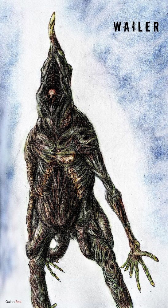 "Tall ones, strolling through the water, carrying nets of chain and spears of girder. Their guts hang stringy, stretching with victims they have swallowed. Their face grows in front of their maw, like a hood, with coos and moans echoing from within. The horn is sensitive to something, something of their prey. Maybe sound, maybe smell, or something else, but it makes it hard to hide from them.
Avoid the lake, for the Wailers are glutton for fools."