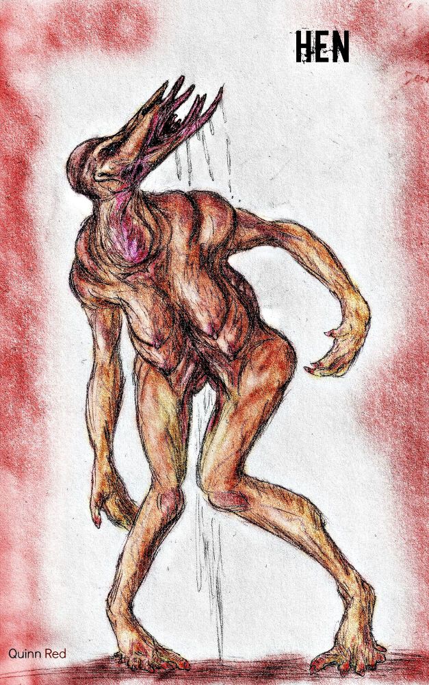 "She is blubber and lip, in a smothering of moisture. She seeks, with those innocent blue eyes and vivid clubs one might recognize as hands and feet, for something to nurture, to love unconditionally.
She does not know that the violence she causes, the brutality, the violation.
Those caught by her meet a horrendous demise.
An embrace with layers of extending, suffocating lips engulfing their face, and thick limbs crushing bone and organ into pulpy soup.
Such victims decorate her nest, not as prize but as nostalgia."