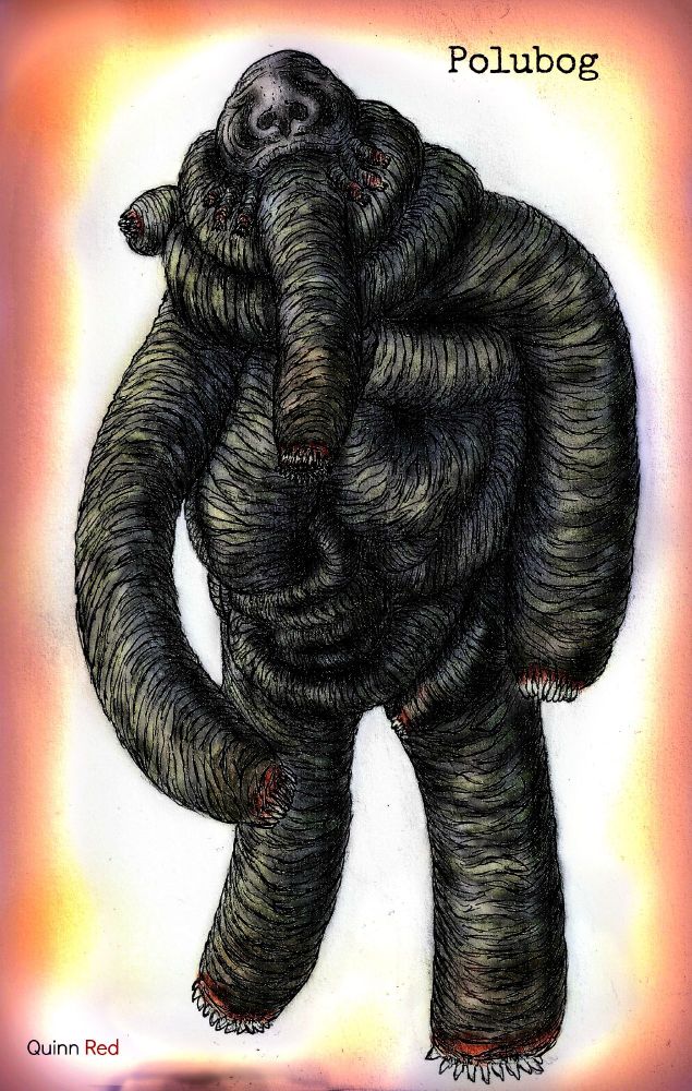 "Have you seen him? The wandering, writhing blubber wrapped in refuse skin, appearing as if worms playing as man? Consuming all as addition to it's mass? Yes?
Then you have witnessed a blessed thing, for it is the demigod, the "Polubog" as the followers called him, of Chernogem. 
It is but an infant, simple instinct and naivete, born of a dead god and the eggs of humanity collected by the Silent caretakers. If you see the boney fliers roosting or swirling above, then their sweet orphan scavenges nearby.
Its form appears quite careless for a demigod, doesn't it? If it were not for human infection within it's form, it may have appeared quite different, though its birth would have never been necessary if not for humanity.
 Someday the Polubog will have engorged itself enough to begin celestial metamorphosis, and will cleanse Cherno of humanity and the abortions of the Orchid, the daughter of it's old enemy."