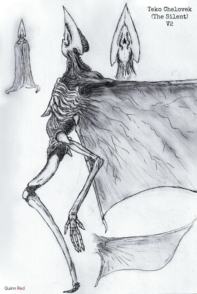 "They have no foot steps, no breath, no sound known to the human ear. They are cloaked in wing, bone, and sinew. The head reminds me of a bird, but blind and unflesh. The body, like a cadaver picked clean and pale chitin filling the void, a pair of arms sprouting from above the waist.  Their legs are supported by hooves. Less like a horse, more like a insect's small concentrated feet.
One can only see this interior once they open their wings, unveil the flesh cloak.

Many Chernonese call them Teko Celovek. Most simply call them The Silent.

They are a remnant of pre-terraformed Chernogem, something thought myth and illusion, now a haunt.
They do not seek us for prey, for vengeance, or qualms we find familiar.
No, they need us for something we took away from them, something dear.
These gliders of storms, figures of shadow, these Silent.
They need wombs."