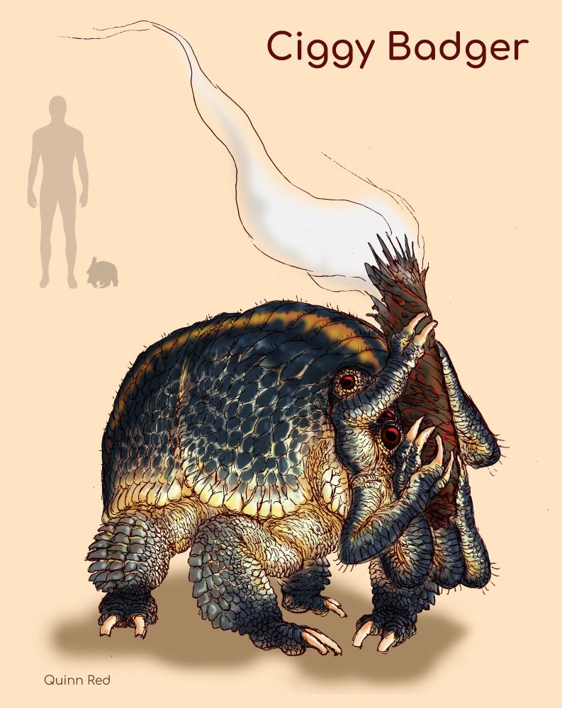 A small and scaly blue stone gray creature with 10 limbs (four legs, six mandible "arms") and six dark red eyes.
It holds a cigar like burning roll of leaves within it's mandibles.