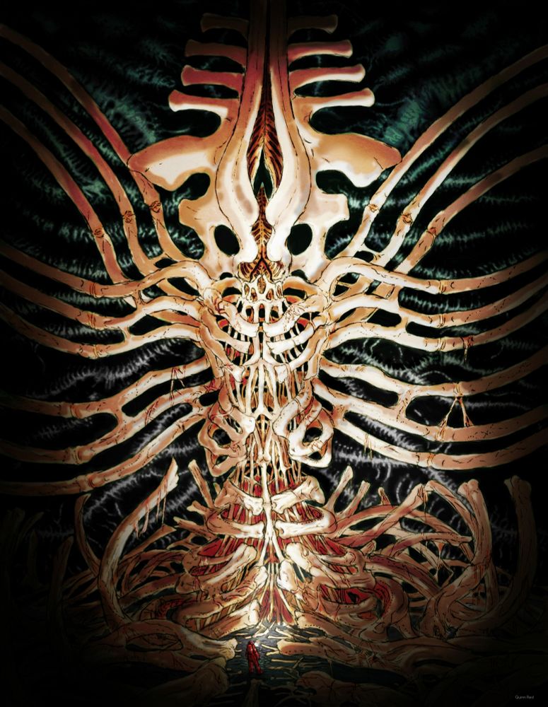 A person in a orange environmental protection suit shines a light on a massive alien skeleton in a dark chamber.