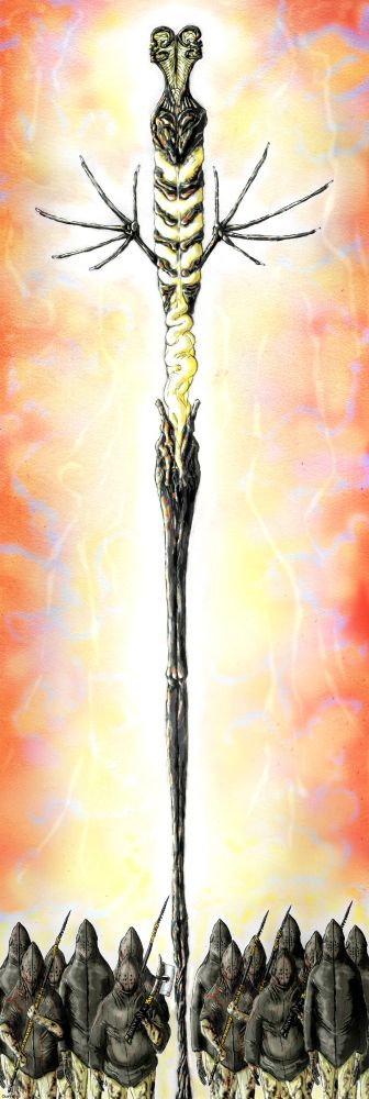 "There is a tower.
 It stands tall and chitin, iron black, breathing with a pale maggot heart. Fingers, elongated and undulate, splay as if wings of it’s ascendency. It’s head split as a holy crest to listen and to speak as father to the Baptized.  

It was once a man, the first to find the oil god’s spirit and sing with it’s hum, becoming the communion. He would sacrifice his body to the oil so it could have a finger with which to touch the world, and a voice with which to sing to it. 

 Oh, to be the cane for a blind god was honor, to be a tongue for the tongueless was blessing, but his guidance could only go so far. So the oil remembered, and placed that memory in each of the Baptized, so all disciples may share the voice and be chosen to take form as Hierophant. 
 In this time of the Orchid’s chaos, the holy tree named as Hietrost rings it’s grand throat to boon the flock and guide those who wander.

 If you are lost, remember:
 There is a tower.”