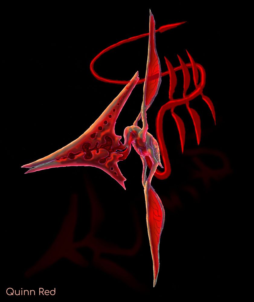 Transparent creature with cherry red innards. It's head is triangular and flute like and a long finned umbilical cord acts as a tail.