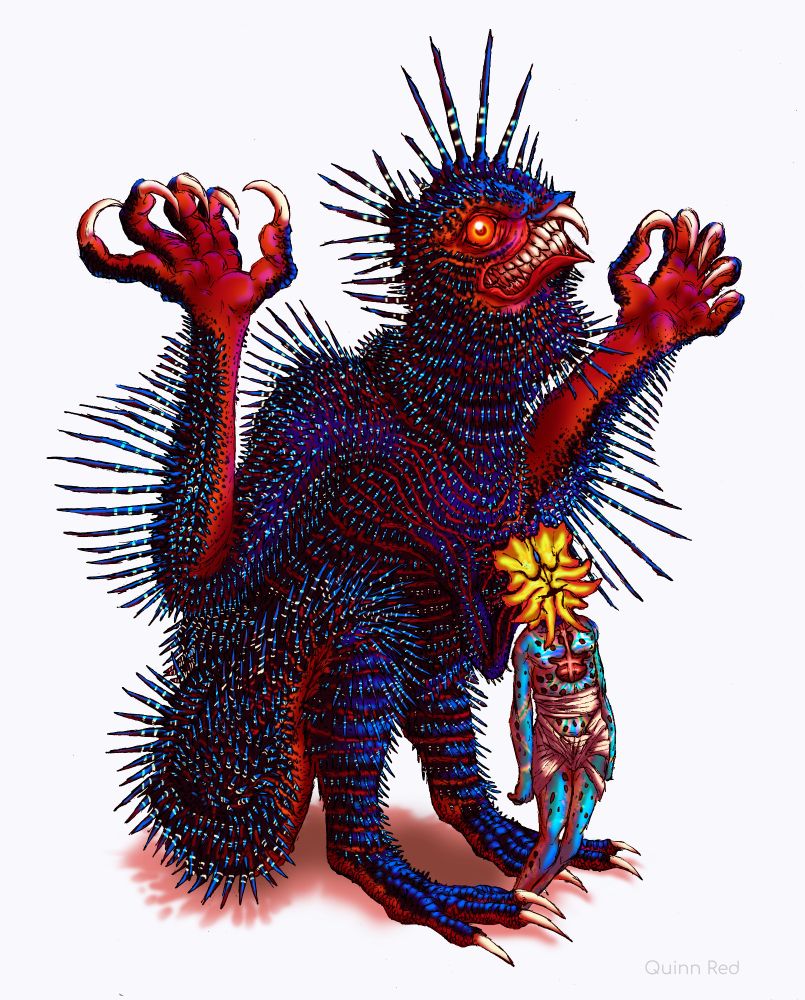 A bird like creature sits with large and small spikes poking every which way, shining blue amongst it's black and red skin. Two massive taloned hands are held up while a smaller pair strangles a flower headed man.