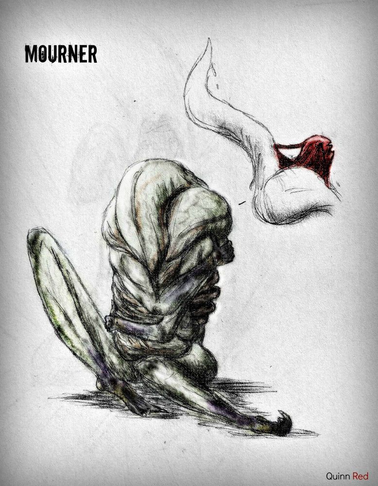 “These sad things plant themselves all over the place, especially warm cozy places. Their moans and weeping invite pity, but such sympathy must be rejected, for they cling to whatever comforts their shivering hands can grasp. Generous victims are torn apart by the desperate horde, meaty flowers opening to reveal a tender head, ready to nuzzle the viscera. Some of these remains are stuffed into their exposed rib cage, like a teddy bear in a picnic basket.”