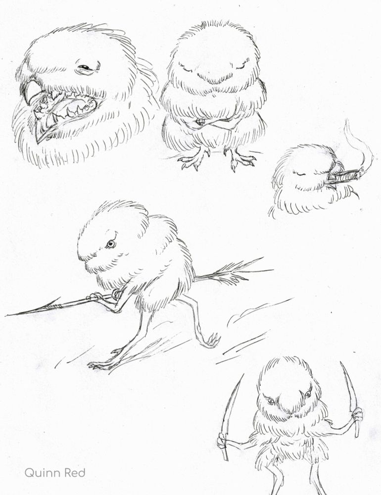 Sketches depicting various actions of the small fluffy creature.
Upper left, the creature open its mouth, revealing a beak and teeth.
Next to it is the creature squatting in meditation and another sketch depicting it smoking a cigar.
Middle sketch depicts it running angrily with spear in hand, beside that the creature is wielding two knives.