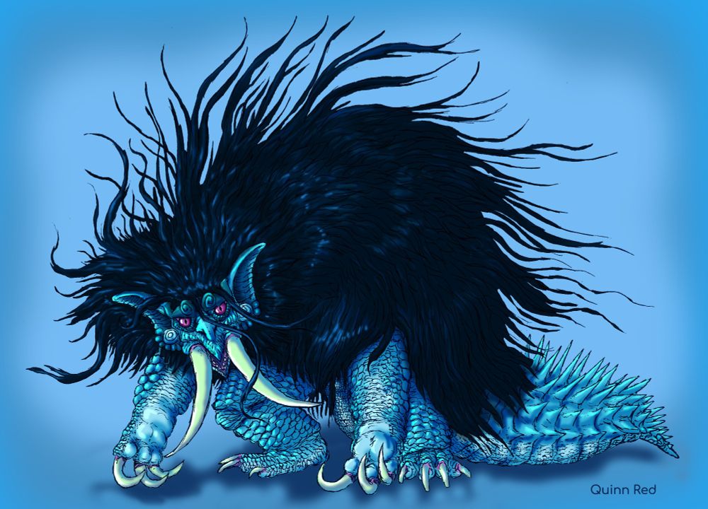 A large blue scaly creature with wild black hair that blankets the head and back. Its eyes are purple, framed by swirling brows and bordered by two large ears and even larger tusk.
It appears quite lethal with large curved claws and a fat spikey tail. 