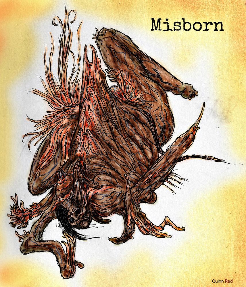 "Unfortunate. As one scampers through the colony they may come across incarnations of failure. These mangled messes of humanity were destined to be as the other victims of the Presence, but instead they were abandoned, aborted from their chrysalis as unfinished sculptures of meat. Their skin is tender as a newborn's, but darkened by broken veins. Rubbery bones twist and collapse, rib cage extended forth, protruding the flesh as one would pitch a tent. Muscle and sinew stretch and feather, much of the strands left exposed and frayed, unknitted from the limb it was meant to be.

Most of the Misborn died in the first days of the Orchid's influence, but some still cling to life, moaning and sobbing of  their condition. Others are envious of all, dragging themselves towards any sign of life, attempting to kill out of frustration or simply because they are too afraid to commit suicide. It is recommend to put them out of their misery, though a scrambled nervous system denies them a quick death."