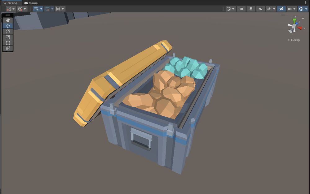 This is a screenshot of a Unity development scene. In the scene sits a grey crate with a yellow lid. The lid is sitting on the floor propped against the crate, and inside are two smaller boxes bearing some yellow fruit and some green fruit. These game assets are from the Synty Store’s Polygon Sci Fi Space pack.
