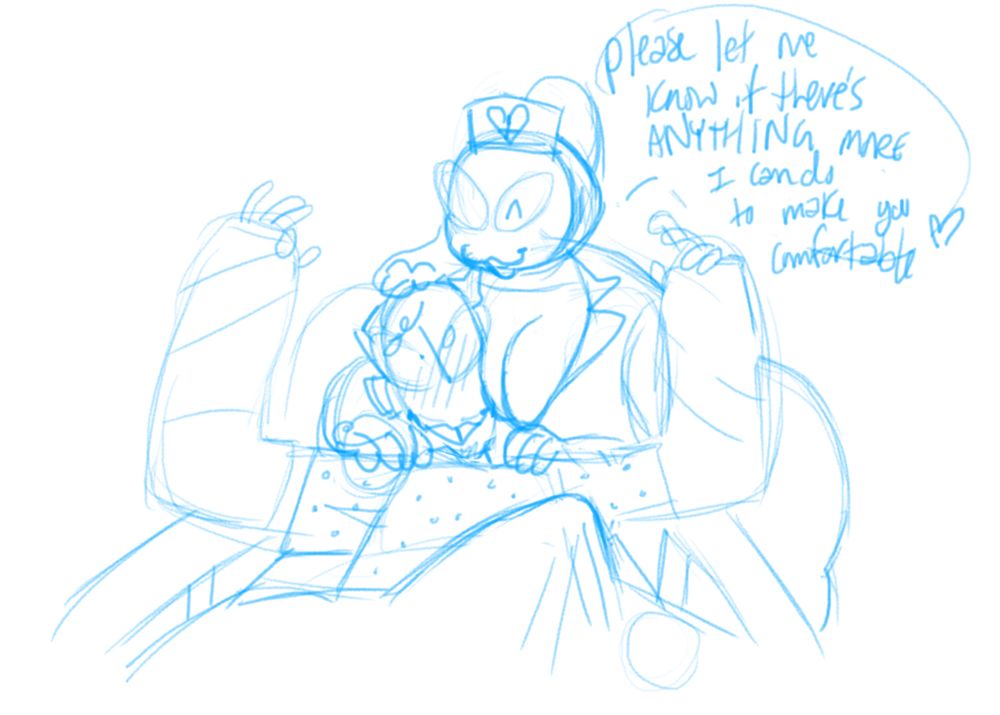 a man is laying in a hospital bed with both his arms in casts. he is making a bashful face while Nurse Pussycat presses his breasts against his face. Pussycat is giving him a shoulder massage. speech bubble above her reads "please let me know if there's ANYTHING more I can do to make you more comfortable" punctuated with a heart. The drawing is forshortened in a way so that DJ's erection under the blanket is center focus