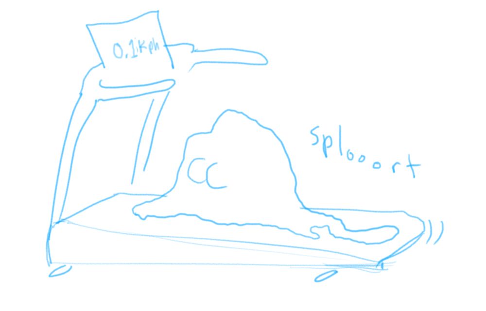 pussycat nude in slime form on a treadmill going 0.1kph. the otherwise formless slime shape has a pair of breasts