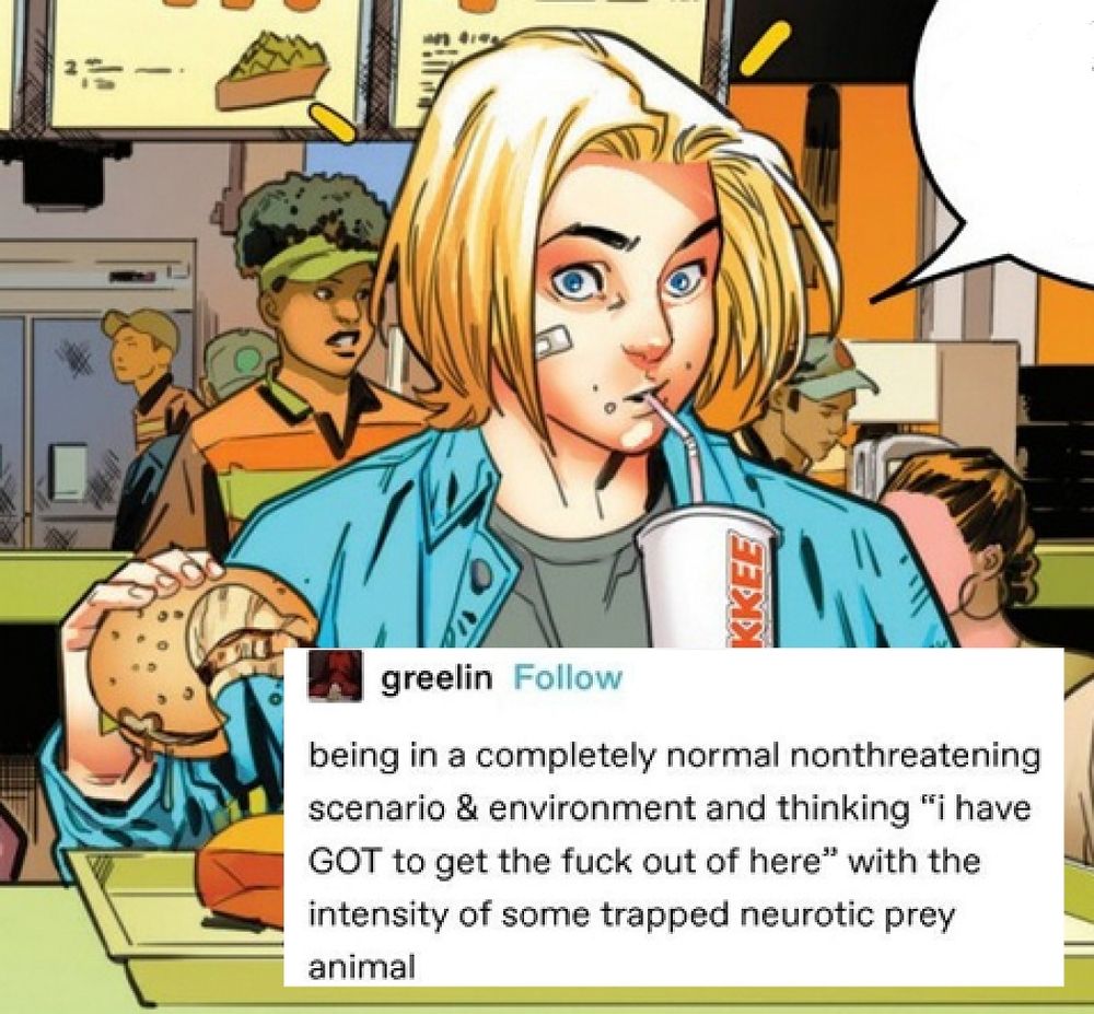 Dylan Brock, overlaid with text:

"Being in a completely normal
 scenario and environment and
thinking have GOT to get the fuck
out of here with the intensity of
some trapped neurotic prey anımal"

