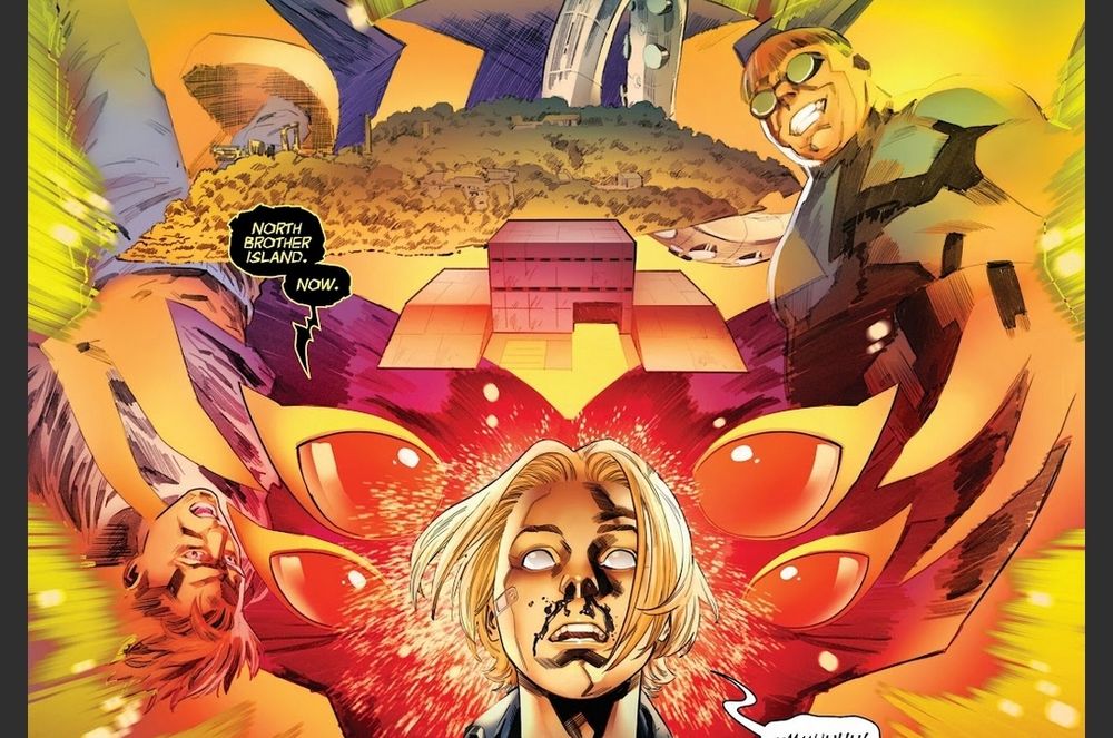 Panel from All New Venom #8 of Dylan having a vision of Sleeper calling for backup at North Brother Island. Images of Rick Jones and Doctor Octopus are part of the vision.

Sleeper says: "North Brother Island. Now."