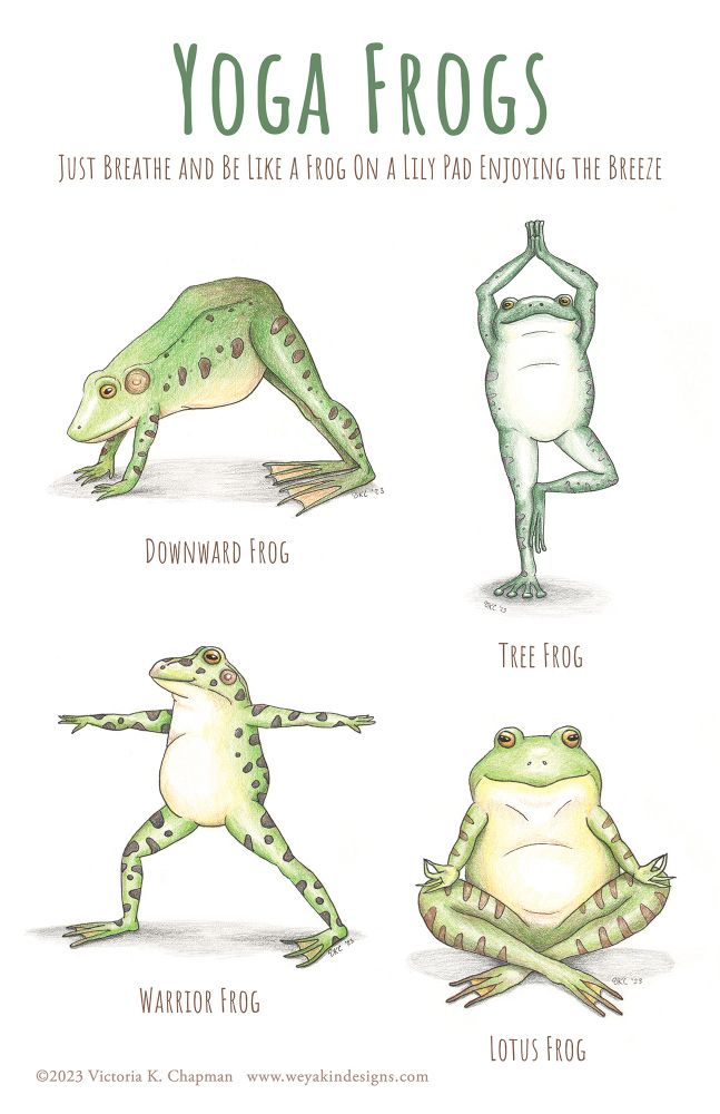 Text reads: “Yoga Frogs. Just breathe and be like a frog on a lily pad enjoying the breeze”. Four different frogs drawn in various yoga poses on a white background. Art by Victoria K. Chapman.