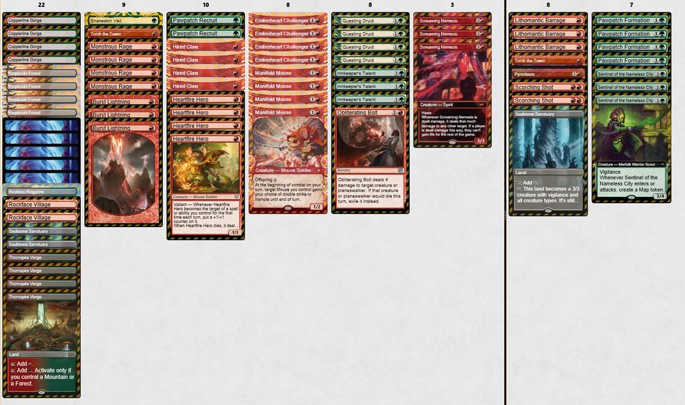 Mainboard:
4 Copperline Gorge
4 Emberheart Challenger
4 Hired Claw
4 Heartfire Hero
4 Karplusan Forest
3 Innkeeper's Talent
4 Manifold Mouse
2 Pawpatch Recruit
4 Monstrous Rage
5 Mountain
1 Obliterating Bolt
4 Questing Druid
3 Screaming Nemesis
1 Restless Ridgeline
2 Rockface Village
2 Soulstone Sanctuary
1 Snakeskin Veil
4 Thornspire Verge
1 Torch the Tower
3 Burst Lightning

Sideboard:
3 Lithomantic Barrage
4 Pawpatch Formation
1 Pyroclasm
2 Scorching Shot
1 Soulstone Sanctuary
1 Torch the Tower
3 Sentinel of the Nameless City