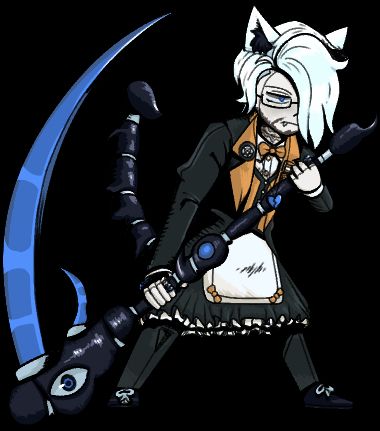 A Limbus Company-style sprite of Ace Winters, a pale white-haired catboy with a scorpion tail and a giant scythe.