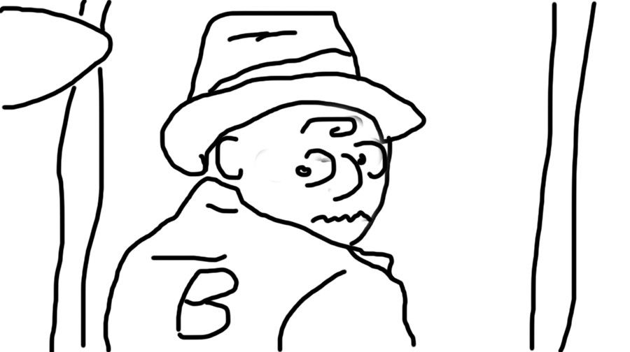 still from the movie "B" - charlie brown turns to look in the mirror and realizes someone has chalked a "B" (for Blockhead) on the back of his coat.