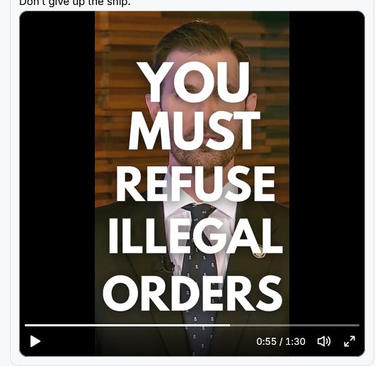 still from the commercial with very large print: "YOU MUST REFUSE ILLEGAL ORDERS"