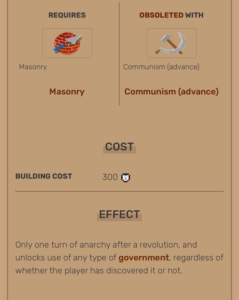 Pyramids - requires masonry. Only one turn of anarchy after a revolution and unlocks the use of any type of government regardless of whether the player has discovered it or not.