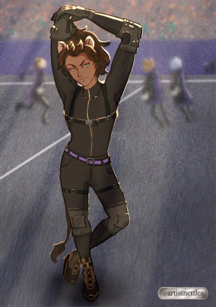 Leona Kingscholar from twisted wonderland in his spelldrive outfit, a bright light behind him illuminating him 