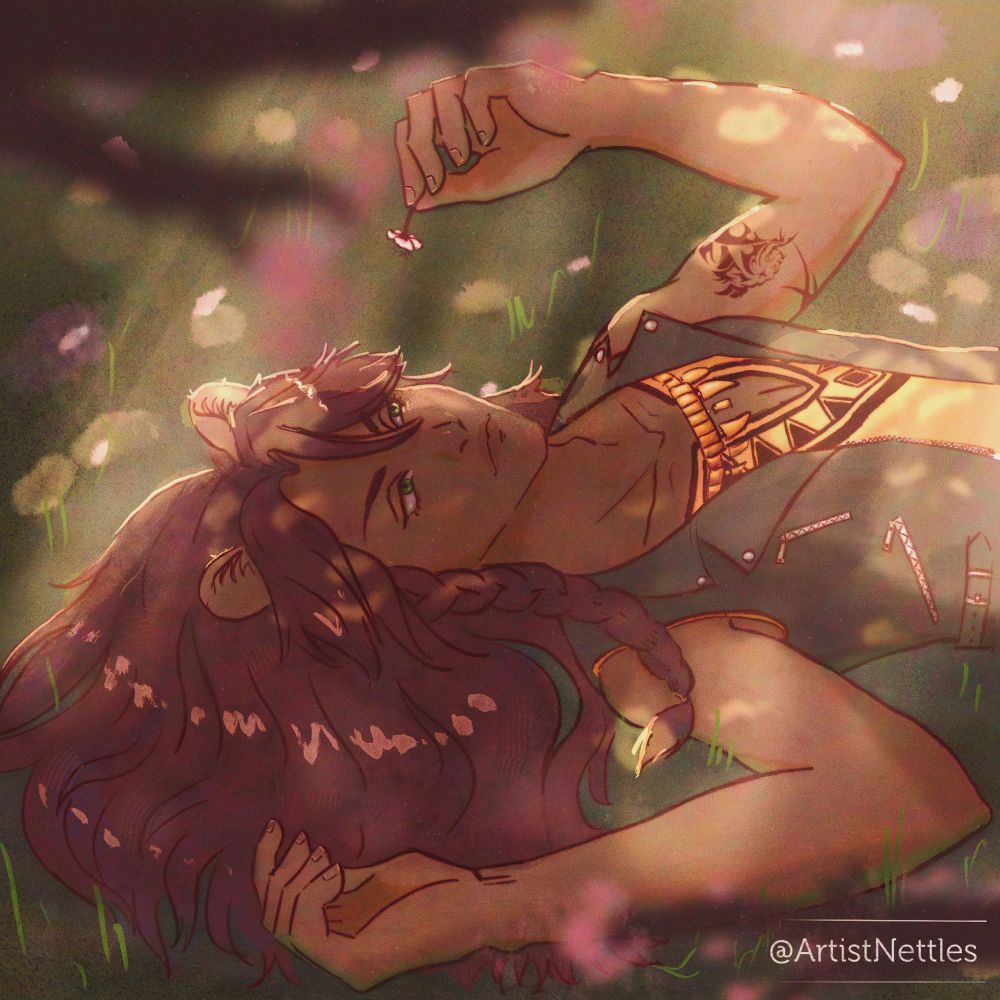 Leona kingscholar from twisted wonderland laying in the gentle shade of a tree. He holds a small flower above his head in quiet appreciation
