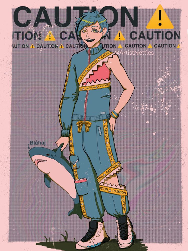 Floyd leech from twisted wonderland wearing a suit with teeth that mimics a shark. The suit is also covered in caution tape. He is holding the blåhaj ikea shark as he should