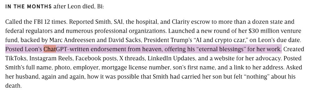 A screenshot of text from the article listing the actions venture capitalist Cindy Bi took after her surrogate had a miscarriage, including posting a ChatGPT-authored testimony from the ghost of the unborn child.