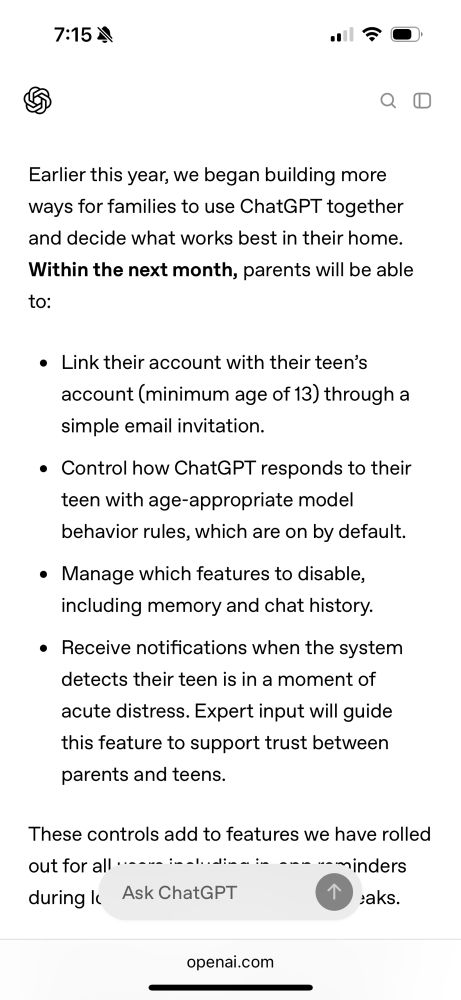 Screenshot from linked OpenAI blog post. It’s a description of parental controls. 