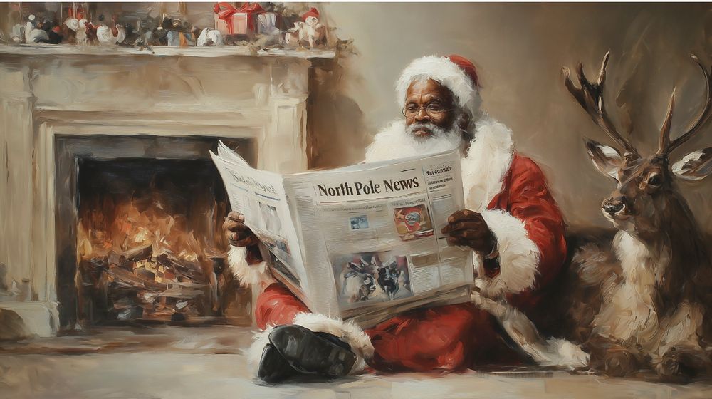 Picture of Black Santa reading the South Pol News next to a reindeer sitting by a lit fireplace. 