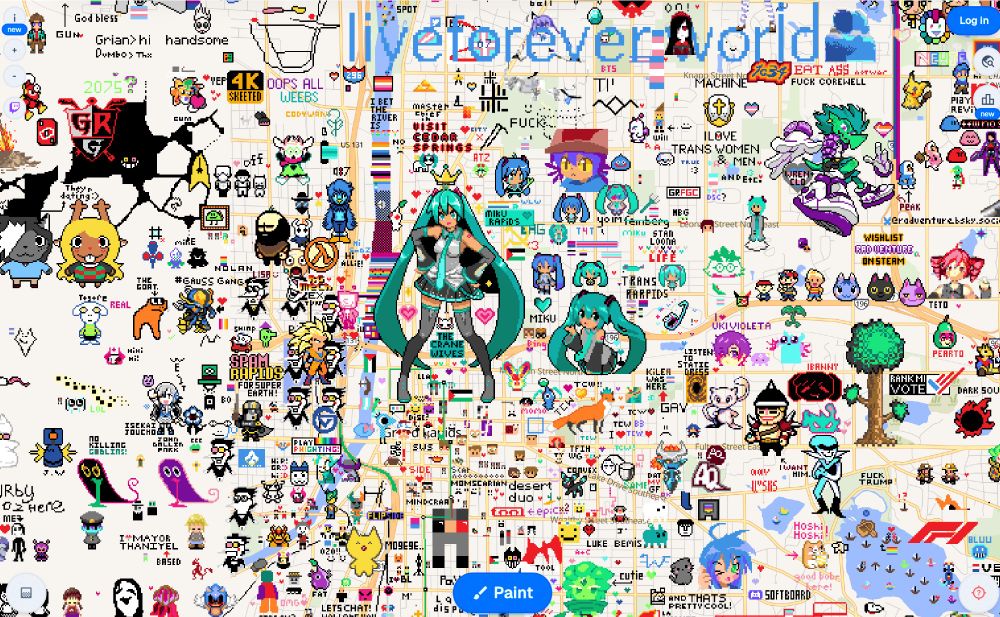 wplace image of Grand Rapids, Michigan, largely overrun with Hatsune Miku and other anime images.